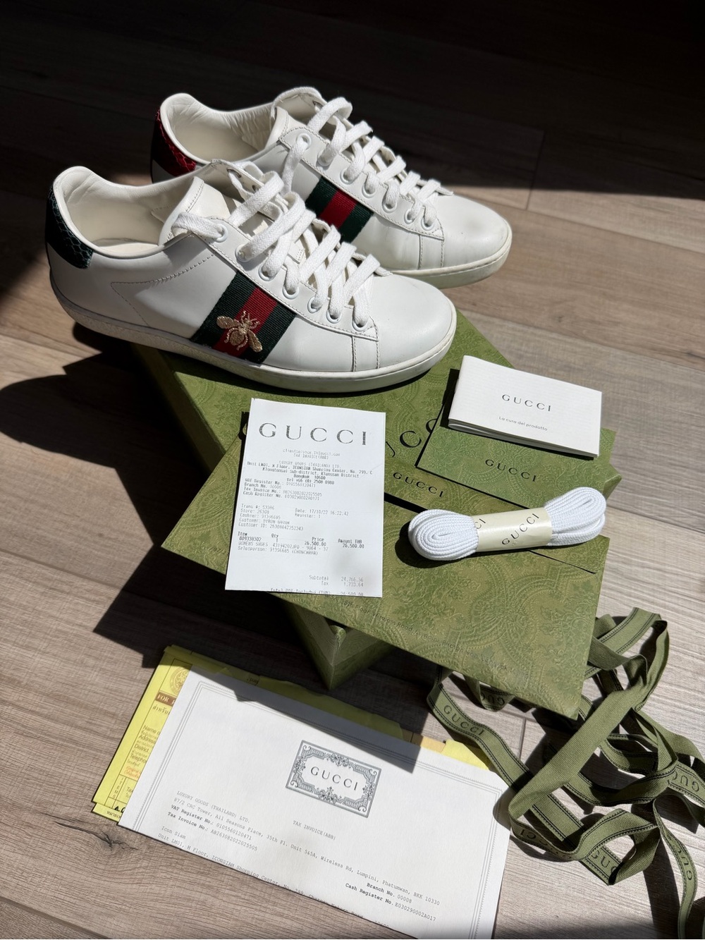 Gucci White Leather Sneakers with Green-Red Web and Embroidered Bee